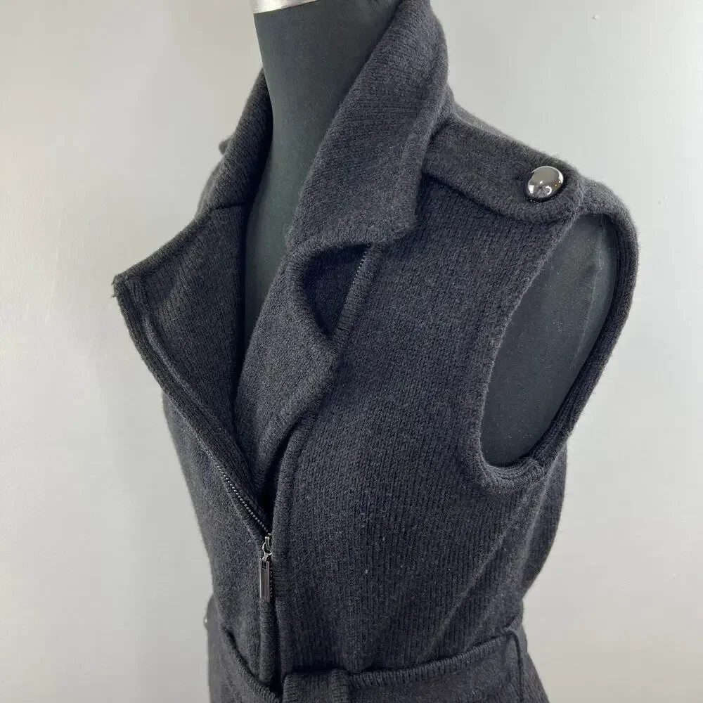 TORY BURCH Dark Gray Merino Wool Belt Full Zip Sleeveless Sweater Jacket Vest S